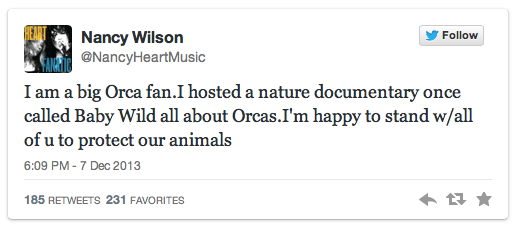 Nancy Wilson Tweet re SeaWorld Cancellation 120713